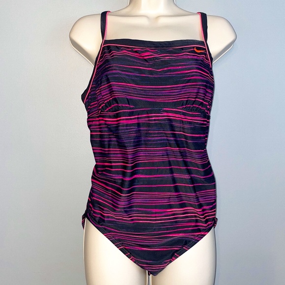 EUC Nike Racerback Black Hot Pink Striped One Piece Swimsuit Size 14 - Picture 1 of 4